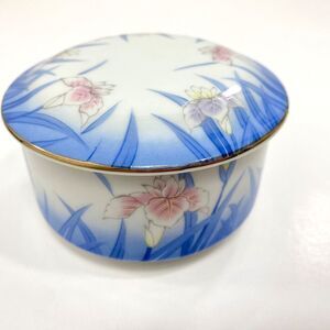 Vintage Otagiri Japan Porcelain Trinket Box Pink Iris Blue Lid Jewelry Keepsake